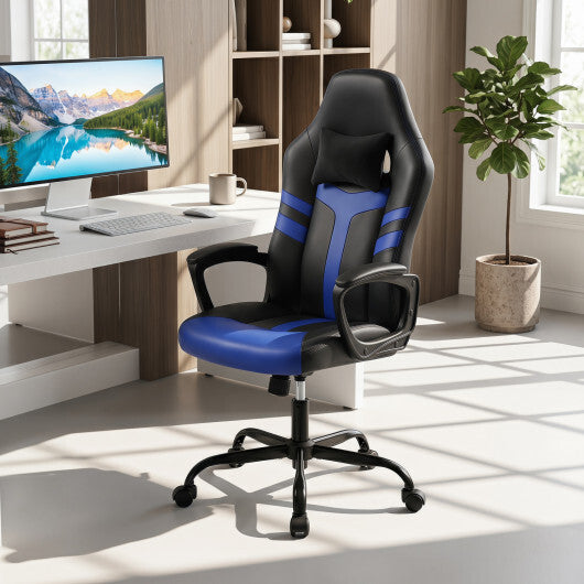Faux Leather Upholstered Office Chair with Removable Head Pillow and Rocking Function-Blue - Color: Blue