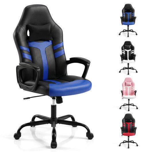 Faux Leather Upholstered Office Chair with Removable Head Pillow and Rocking Function-Blue - Color: Blue