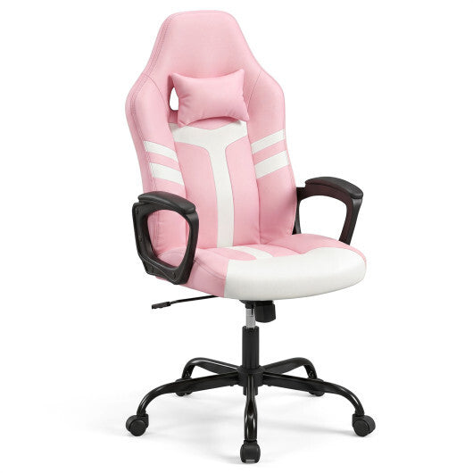 Faux Leather Upholstered Office Chair with Removable Head Pillow and Rocking Function-Pink - Color: Pink