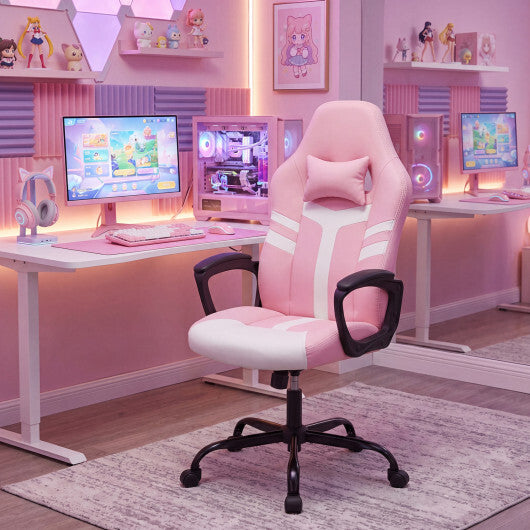 Faux Leather Upholstered Office Chair with Removable Head Pillow and Rocking Function-Pink - Color: Pink