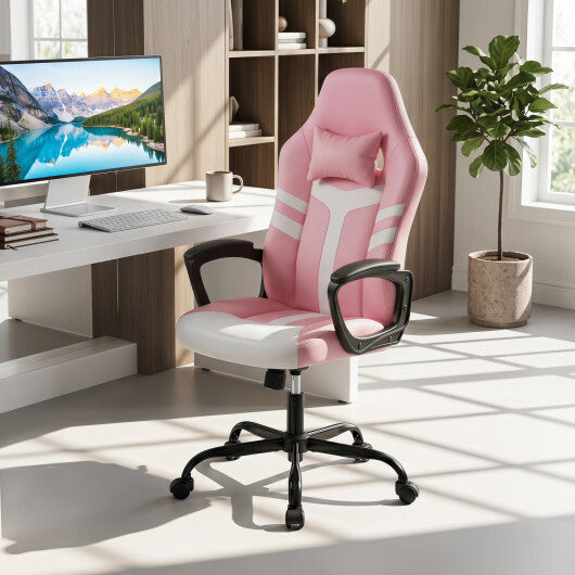Faux Leather Upholstered Office Chair with Removable Head Pillow and Rocking Function-Pink - Color: Pink