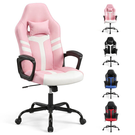 Faux Leather Upholstered Office Chair with Removable Head Pillow and Rocking Function-Pink - Color: Pink