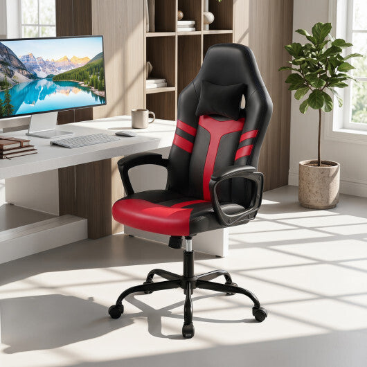 Faux Leather Upholstered Office Chair with Removable Head Pillow and Rocking Function-Red - Color: Red