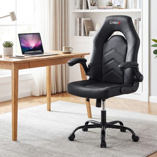 Leather Office Chair Ergonomic Computer Desk Chair with Flip-up Armrests-Black