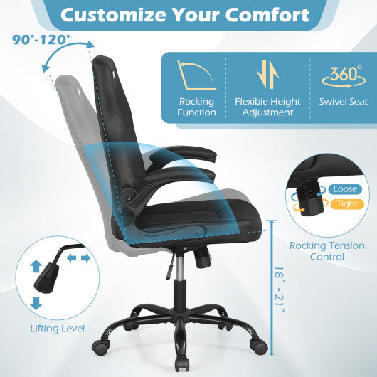 Leather Office Chair Ergonomic Computer Desk Chair with Flip-up Armrests-Black