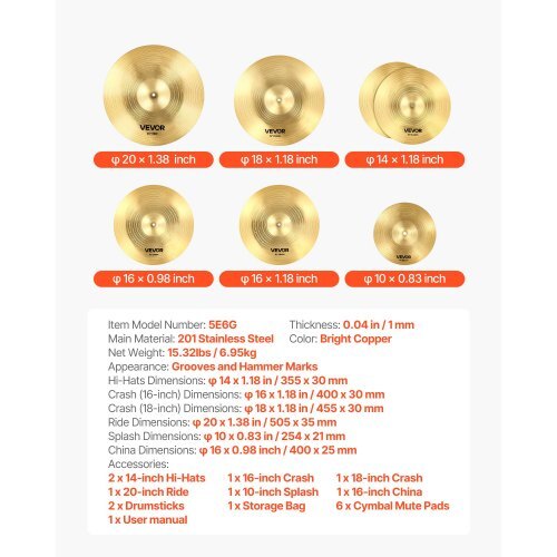 Cymbal Pack, 6 Pieces Cymbals for Drum Set, Alloy Cymbals Drum Set Includes 14-inch Hi-Hats, 16-inch Crash, 18-inch Crash, 20-inch Ride, 10-inch Splash, 16-inch China, Drumsticks & Cymbal Bag