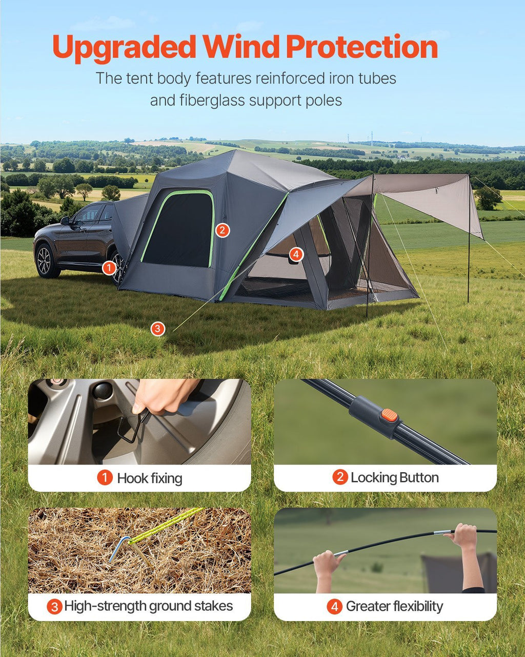 SUV Tent for Camping, 10FT L x 10FT W, Waterproof PU2000mm Spacious Double Layer Design for 5-8 Person, SUV Camping Tent with Shade Awning and Mesh Windows, Includes Rainfly and Storage Bag