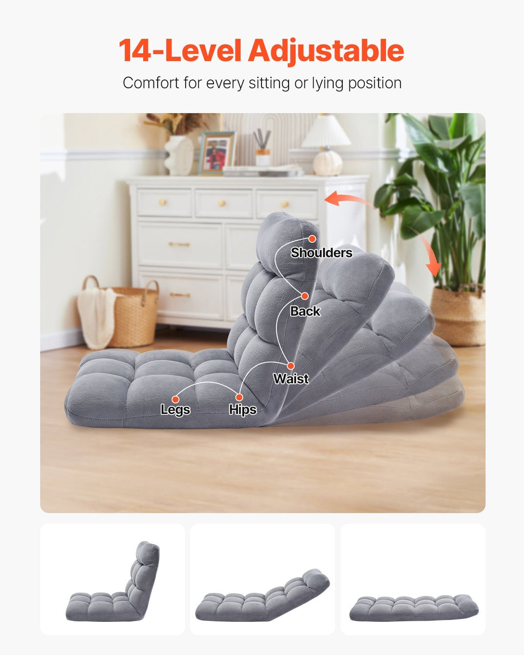 Floor Chair, Recycled Foam Folding Sofa Chair with 14 Adjustable Positions, Multifunctional Floor Chair with Back Support Ideal for Sleeping Reading, Floor Gaming Chair for Living Room, Gray