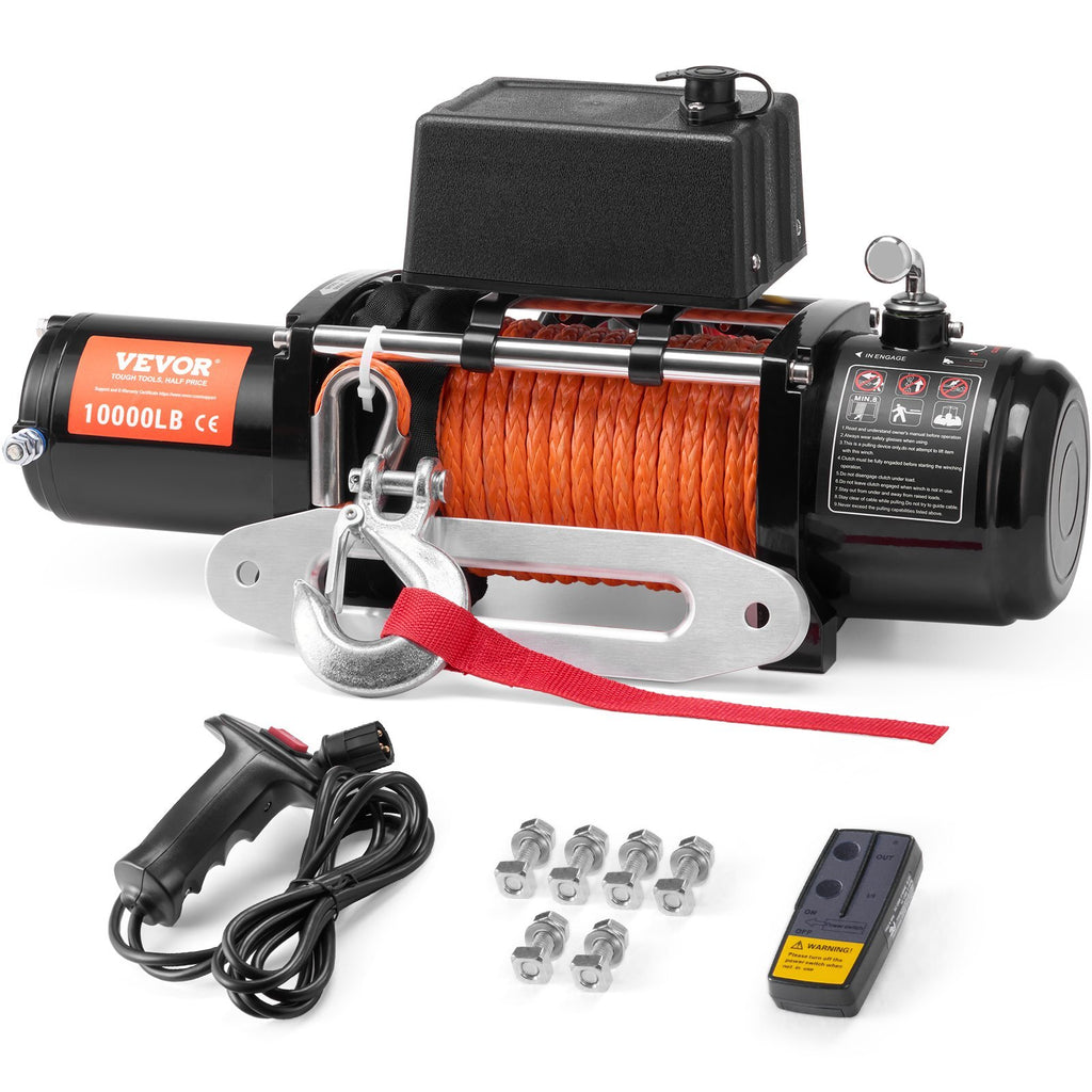 Electric Winch, 10,000 lb, 12V DC Truck Winch with ?7/20 in x 65 ft Synthetic Rope Aluminum Fairlead Wireless & Wired Remote Control, IP55 Waterproof for Towing Off-Road SUV Jeep Trailer Boat