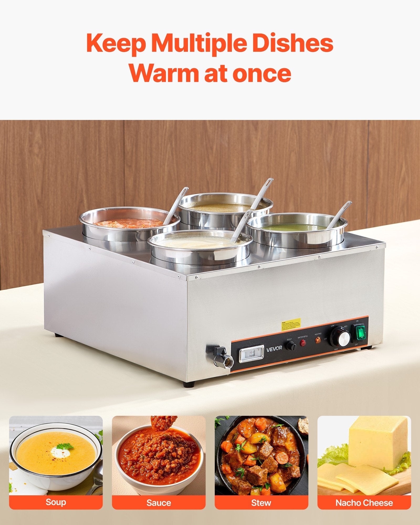 Electric Soup Warmer, Four 6.34QT Stainless Steel Round Pot with 86~185?F Adjustable Temp, 1500W Commercial Bain Marie with Anti-dry Burn and Reset Button, Soup Station for Restaurant, Buffet