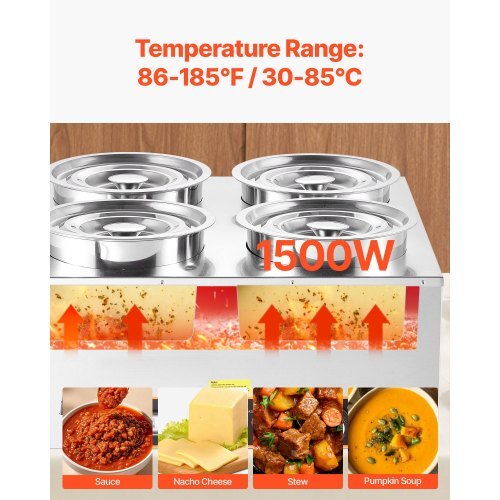 Electric Soup Warmer, Four 6.34QT Stainless Steel Round Pot with 86~185?F Adjustable Temp, 1500W Commercial Bain Marie with Anti-dry Burn and Reset Button, Soup Station for Restaurant, Buffet