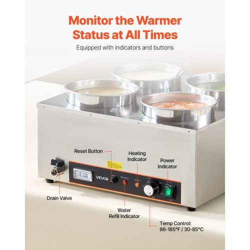 Electric Soup Warmer, Four 6.34QT Stainless Steel Round Pot with 86~185?F Adjustable Temp, 1500W Commercial Bain Marie with Anti-dry Burn and Reset Button, Soup Station for Restaurant, Buffet