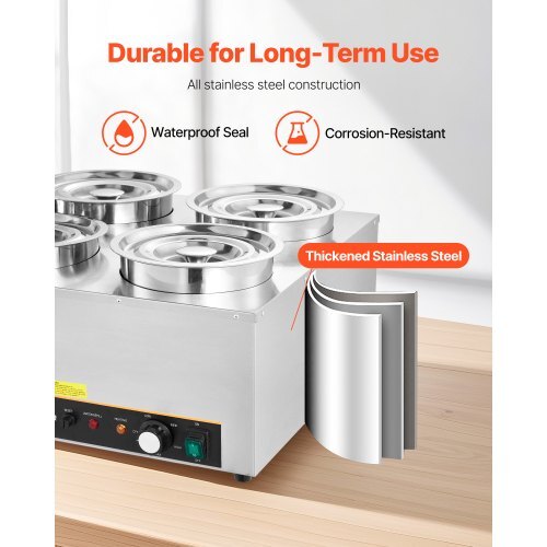 Electric Soup Warmer, Four 6.34QT Stainless Steel Round Pot with 86~185?F Adjustable Temp, 1500W Commercial Bain Marie with Anti-dry Burn and Reset Button, Soup Station for Restaurant, Buffet
