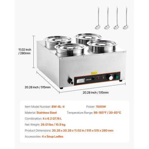 Electric Soup Warmer, Four 6.34QT Stainless Steel Round Pot with 86~185?F Adjustable Temp, 1500W Commercial Bain Marie with Anti-dry Burn and Reset Button, Soup Station for Restaurant, Buffet
