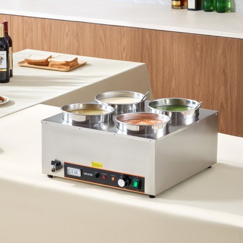 Electric Soup Warmer, Four 6.34QT Stainless Steel Round Pot with 86~185?F Adjustable Temp, 1500W Commercial Bain Marie with Anti-dry Burn and Reset Button, Soup Station for Restaurant, Buffet