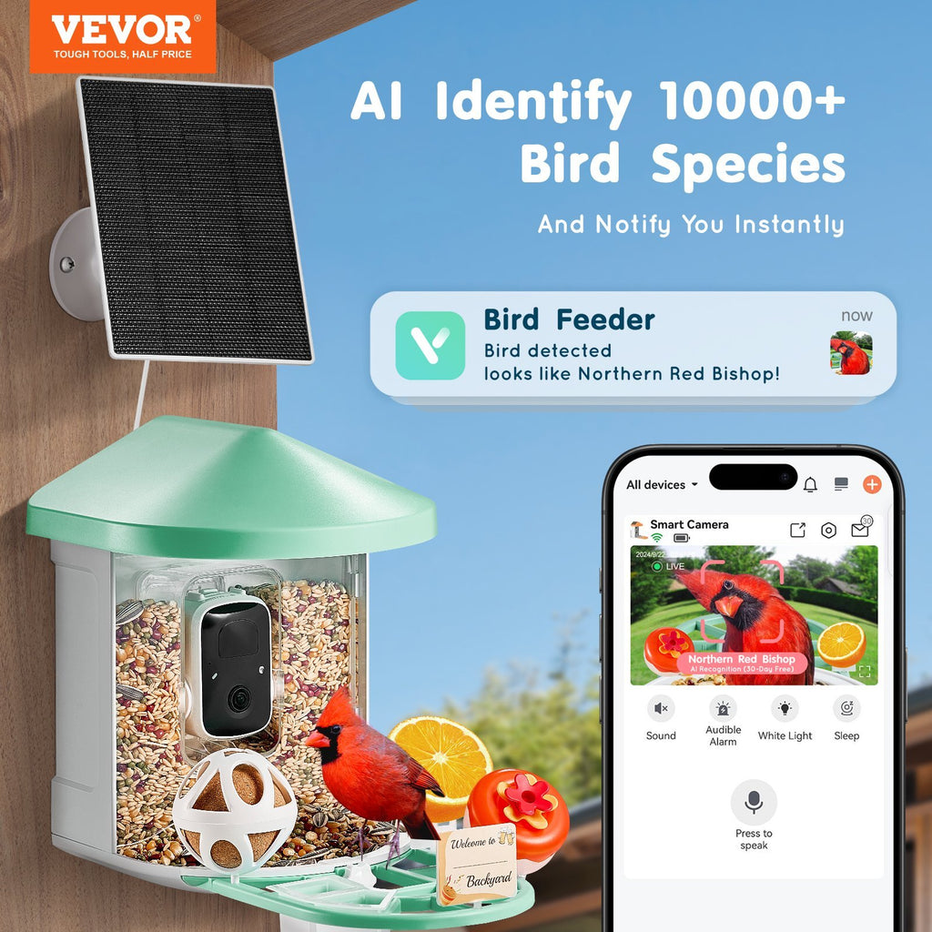 Smart Bird Feeder with Camera, 2K HD AI Identify 10,000+ Bird Species, Solar-Powered Bird Watching Camera with Auto Capture & Instant Notify, Wireless Outdoor Ideal Gift for Bird Lovers (Green)