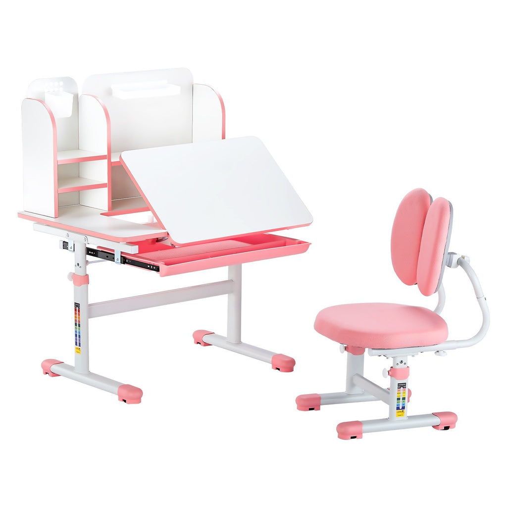 Kids Study Chair and Desk Set, Study Desk and Chair for Kids with Bookshelf & Storage Drawer, Adjustable Height & 0-40? Tilted Desktop Desk and Chair, Study Table for Bedroom & Study Room, Pink