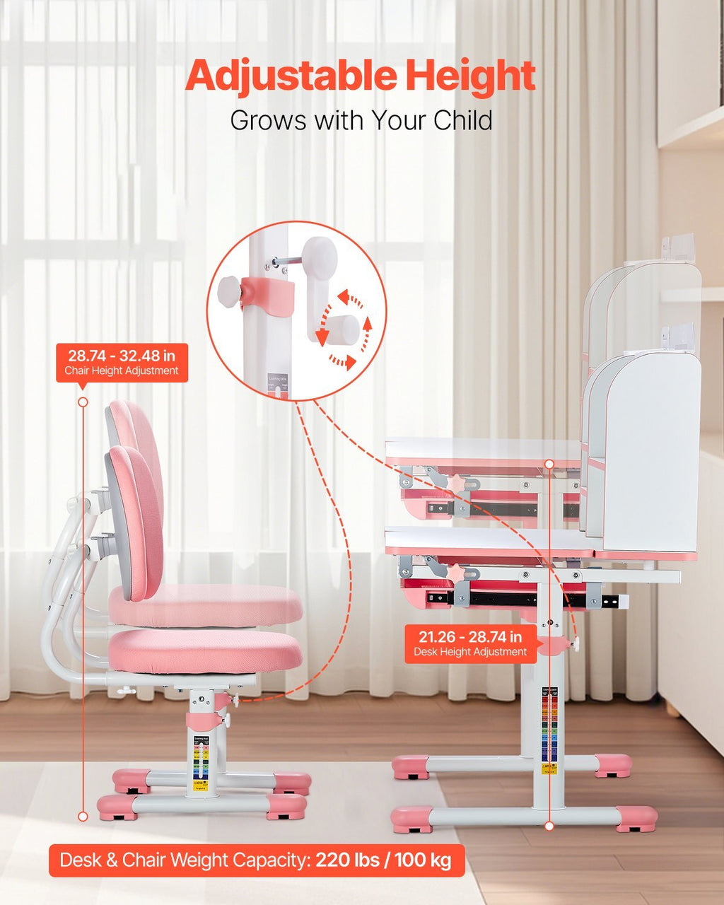 Kids Study Chair and Desk Set, Study Desk and Chair for Kids with Bookshelf & Storage Drawer, Adjustable Height & 0-40? Tilted Desktop Desk and Chair, Study Table for Bedroom & Study Room, Pink