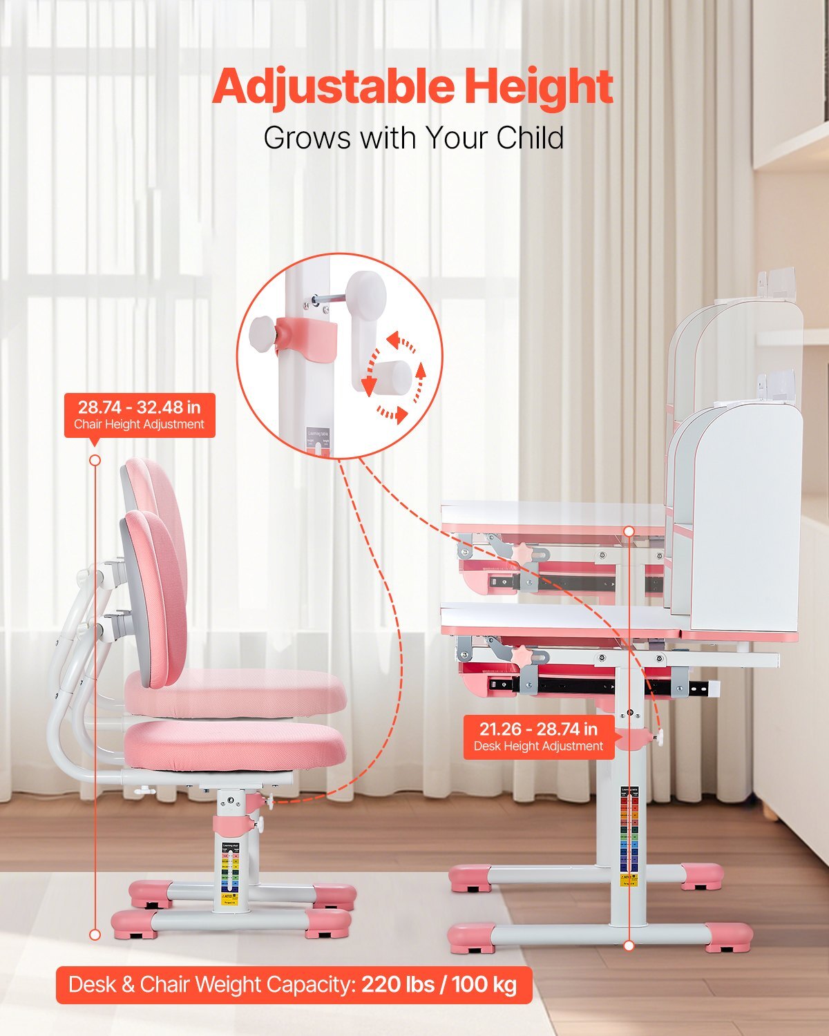 Kids Study Chair and Desk Set, Study Desk and Chair for Kids with Bookshelf & Storage Drawer, Adjustable Height & 0-40? Tilted Desktop Desk and Chair, Study Table for Bedroom & Study Room, Pink