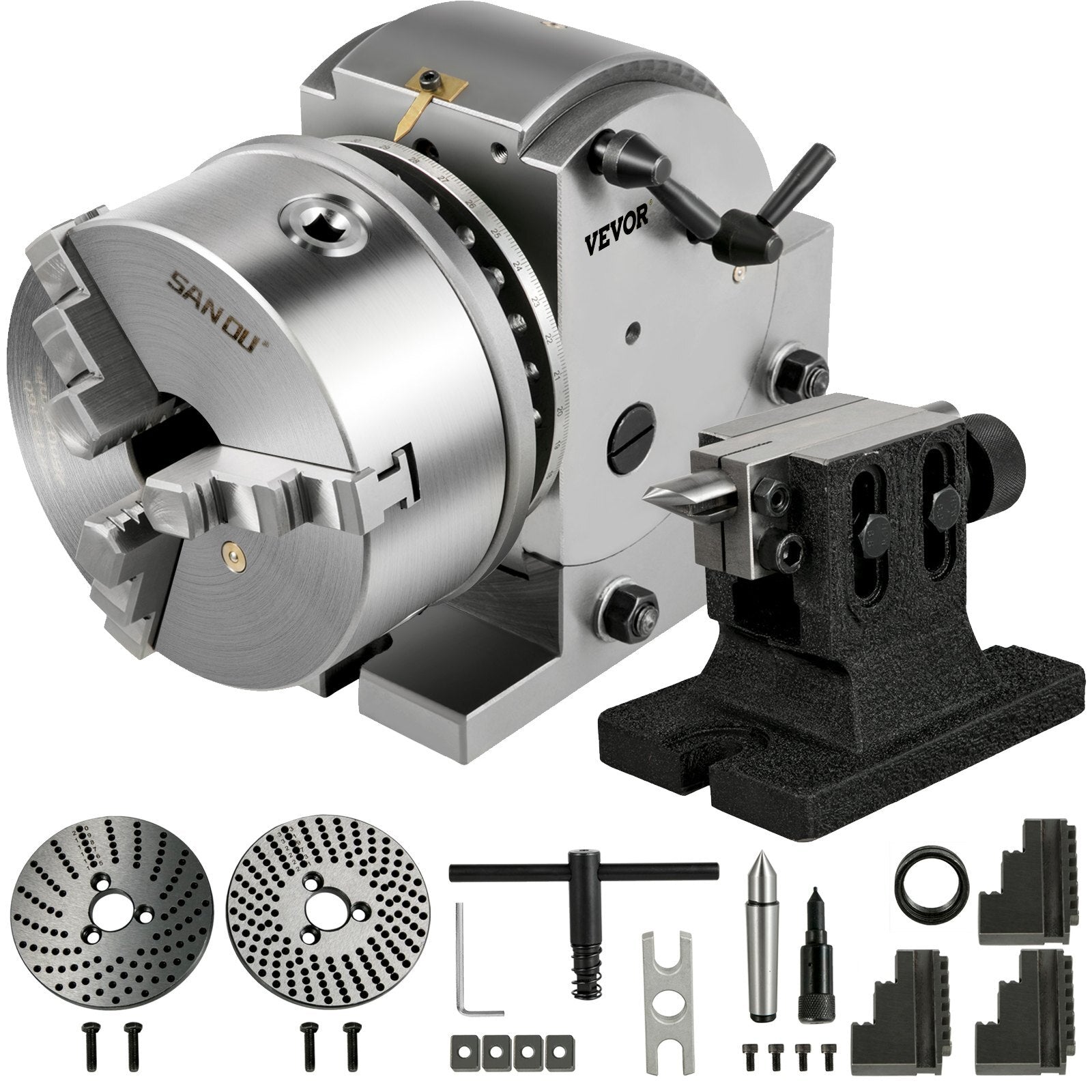 Dividing Head BS-1 Dividing Head Set 6" 3-jaw Chuck Semi Universal Milling Set with 6" Chuck+Tailstock+Dividing Plates for Milling Grinding Drilling Machine