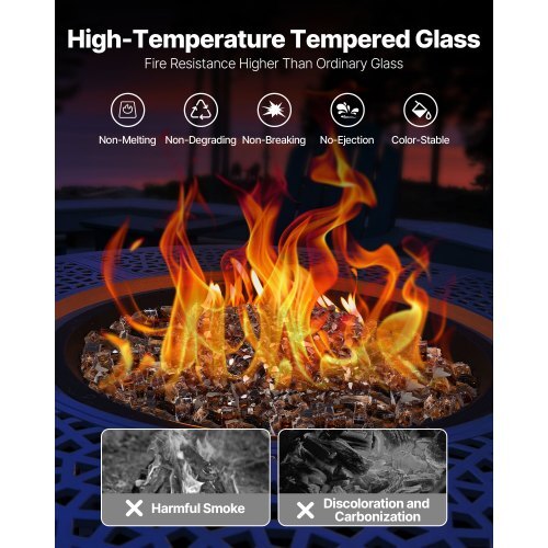 Fire Glass, 10 LBS / 4.5 KG High-Temperature Resistant Fireplace Rocks, 1/2-Inch / 12.7 mm Reflective & Smokeless Firepit Glass Rock, High Luster Stone Landscaping for Fire Pit Table, Copper