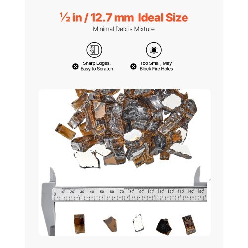 Fire Glass, 10 LBS / 4.5 KG High-Temperature Resistant Fireplace Rocks, 1/2-Inch / 12.7 mm Reflective & Smokeless Firepit Glass Rock, High Luster Stone Landscaping for Fire Pit Table, Copper