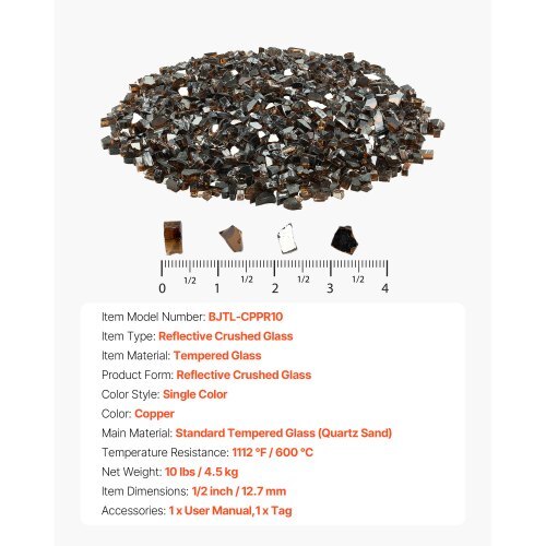 Fire Glass, 10 LBS / 4.5 KG High-Temperature Resistant Fireplace Rocks, 1/2-Inch / 12.7 mm Reflective & Smokeless Firepit Glass Rock, High Luster Stone Landscaping for Fire Pit Table, Copper