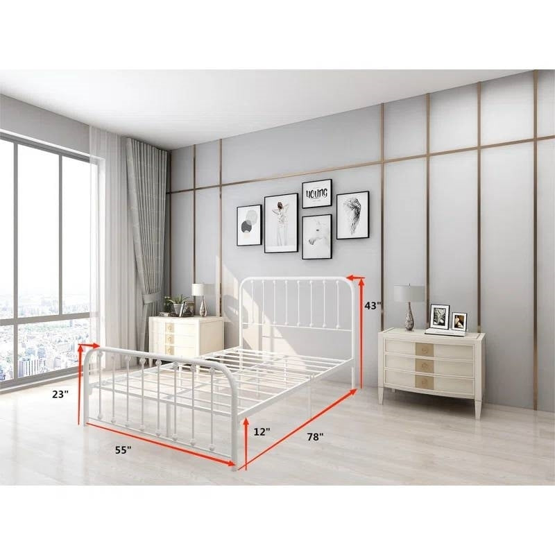 Full size Classic White Metal Bed Frame with Slatted Headboard and Footboard
