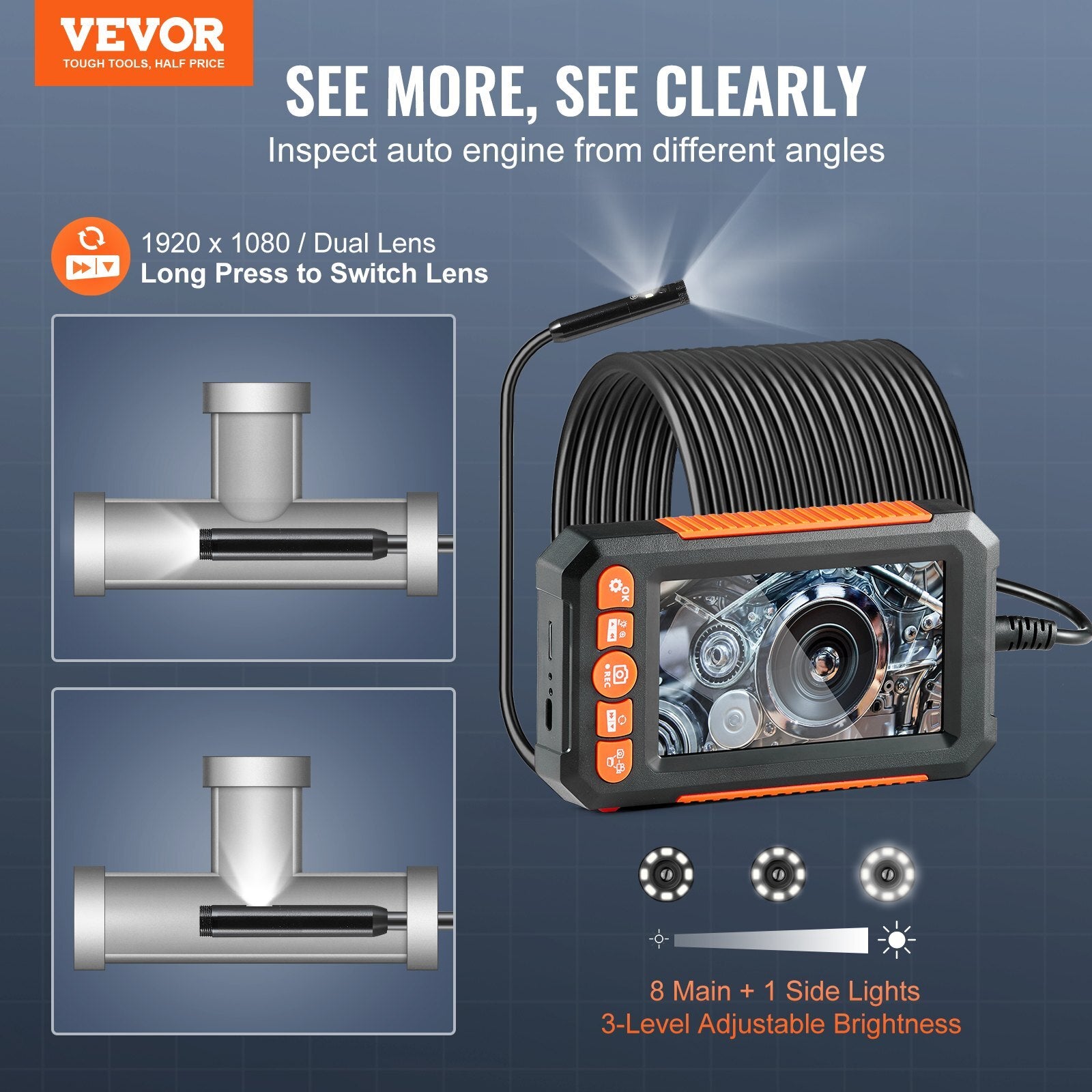 Endoscope Camera with Light, Dual Lens Borescope with 49.2FT Semi-Rigid Cable, 4.3" Screen 1080P Inspection Camera, 8 + 1 LED Lights, 4X Zoom, IP67 Waterproof Snake Camera for Auto, Plumbing