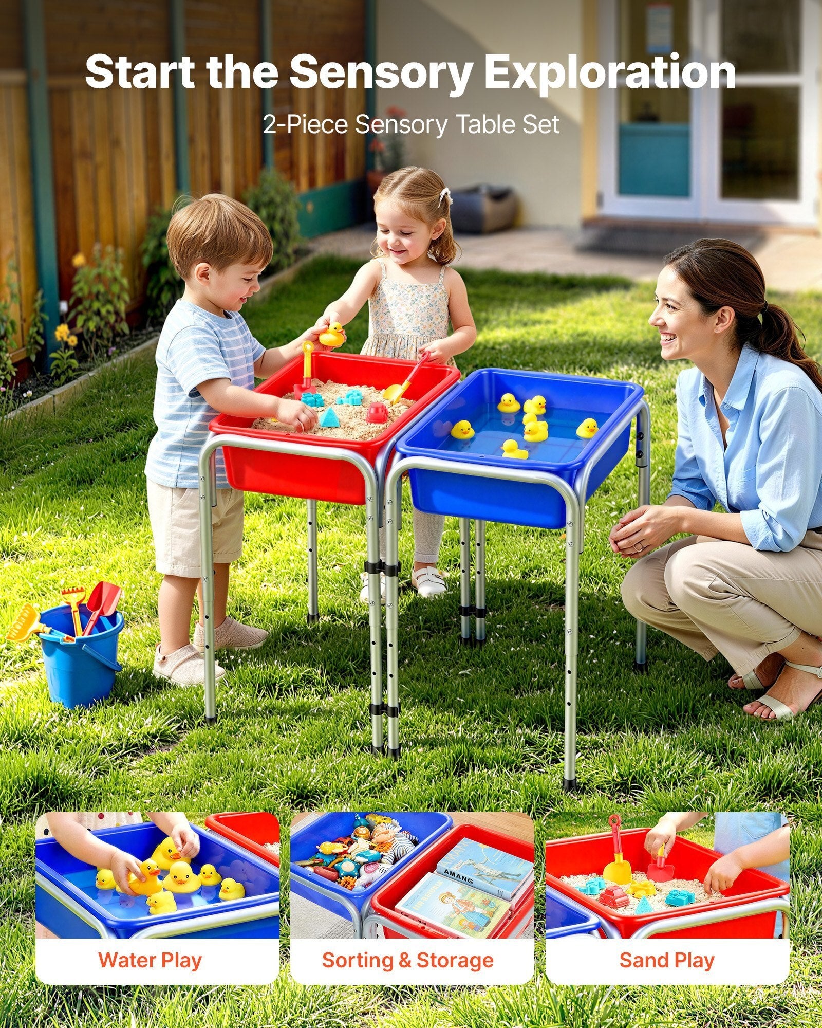 Sensory Table for Toddlers, Kids 2-Station Sand and Water Adjustable Play Table with Detachable Storage Bins and Non-Slip Feet, Carbon Steel Frame, Rounded Corners, for Boys and Girls Exploring