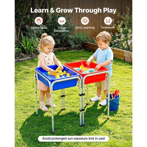 Sensory Table for Toddlers, Kids 2-Station Sand and Water Adjustable Play Table with Detachable Storage Bins and Non-Slip Feet, Carbon Steel Frame, Rounded Corners, for Boys and Girls Exploring
