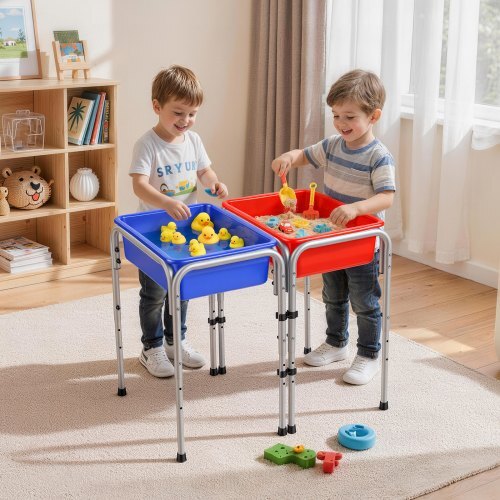 Sensory Table for Toddlers, Kids 2-Station Sand and Water Adjustable Play Table with Detachable Storage Bins and Non-Slip Feet, Carbon Steel Frame, Rounded Corners, for Boys and Girls Exploring