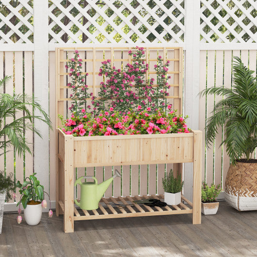 Raised Garden Bed with Trellis Wooden Elevated Planter Box with Legs-Natural - Color: Natural