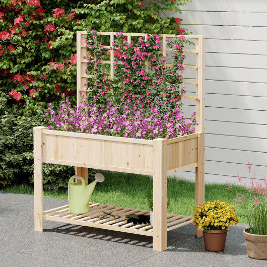Raised Garden Bed with Trellis Wooden Elevated Planter Box with Legs-Natural - Color: Natural
