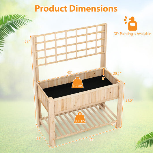 Raised Garden Bed with Trellis Wooden Elevated Planter Box with Legs-Natural - Color: Natural