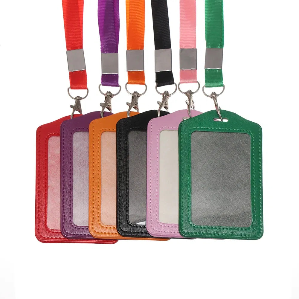 Color: Sunny Yellow - Unisex Work Card Holders With Lanyard PU Bank Card Name Credit Card Holders Card Bus ID Holders Identity Badge With Neck Strap