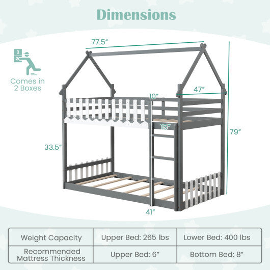 Twin Over Twin Bunk Bed with Fence and Ladder for Kids-Gray - Color: Gray - Size: Twin Size