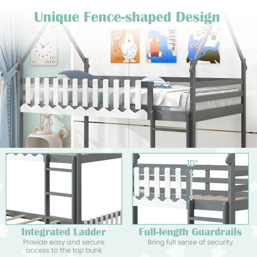 Twin Over Twin Bunk Bed with Fence and Ladder for Kids-Gray - Color: Gray - Size: Twin Size
