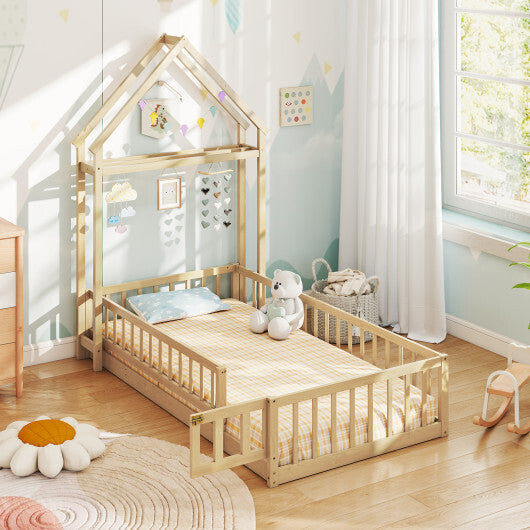 Twin Size House Floor Bed with House-shaped Headboard-Natural - Color: Natural - Size: Twin Size