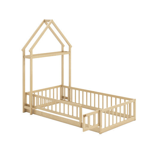 Twin Size House Floor Bed with House-shaped Headboard-Natural - Color: Natural - Size: Twin Size