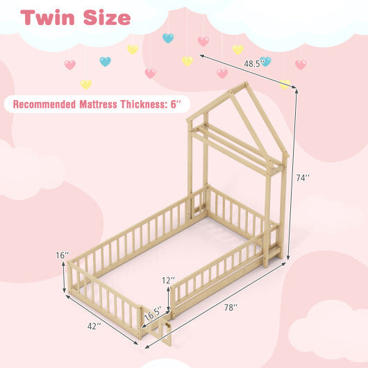 Twin Size House Floor Bed with House-shaped Headboard-Natural - Color: Natural - Size: Twin Size
