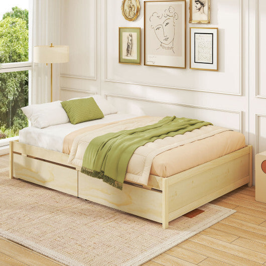 Full Size Wooden Bed Frame with 2 Rolling Storage Drawers-Natural - Color: Natural - Size: Full Size