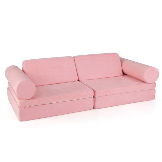 8 Pieces Kids Play Couch Foam Building Fort Play Set with Suede Cover-Pink - Color: Pink