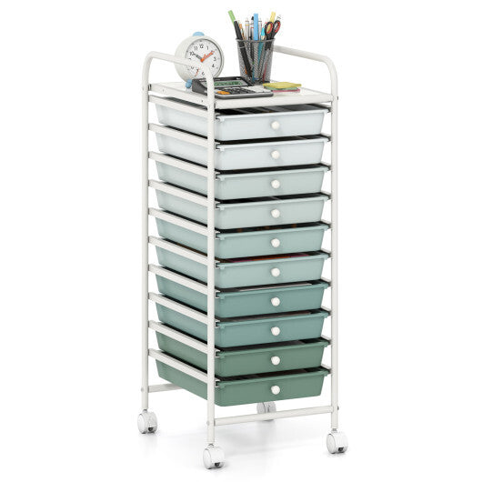 10 Drawer Rolling Storage Cart Organizer with 4 Universal Casters-Green - Color: Green