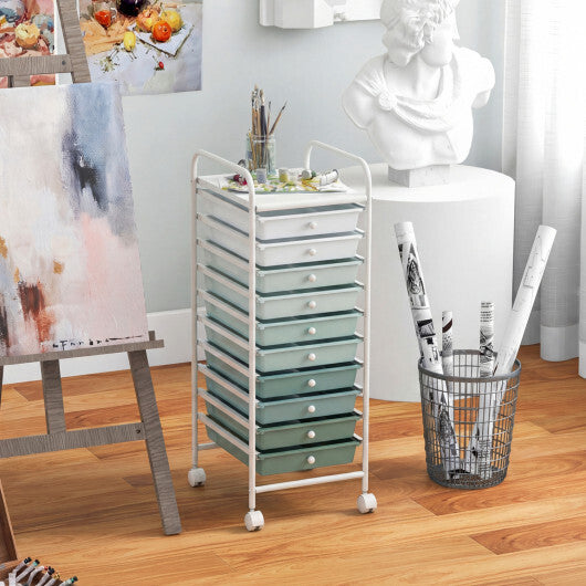 10 Drawer Rolling Storage Cart Organizer with 4 Universal Casters-Green - Color: Green