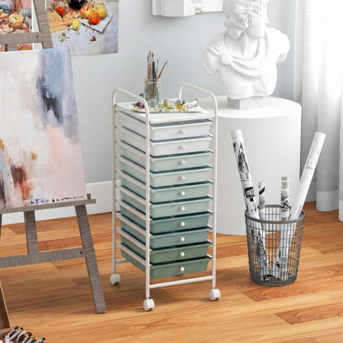 10 Drawer Rolling Storage Cart Organizer with 4 Universal Casters-Green - Color: Green