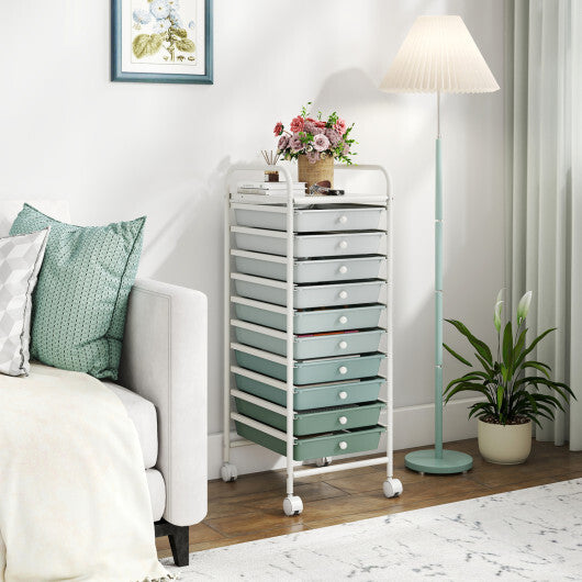 10 Drawer Rolling Storage Cart Organizer with 4 Universal Casters-Green - Color: Green