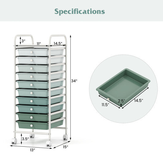 10 Drawer Rolling Storage Cart Organizer with 4 Universal Casters-Green - Color: Green
