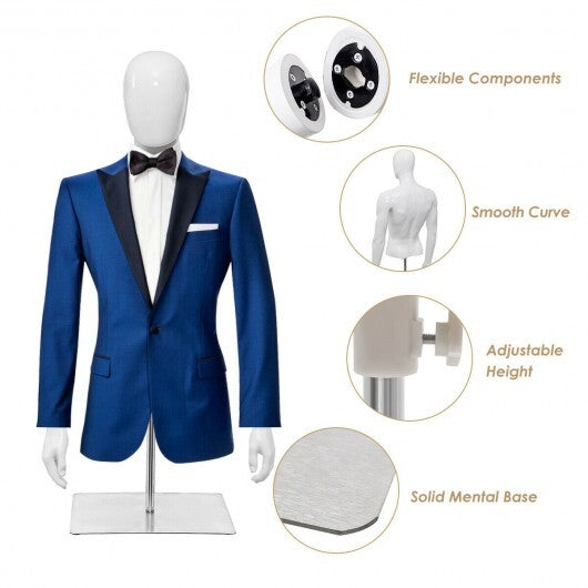 Plastic Half Body Head Turn Male Mannequin with Base - Color: White