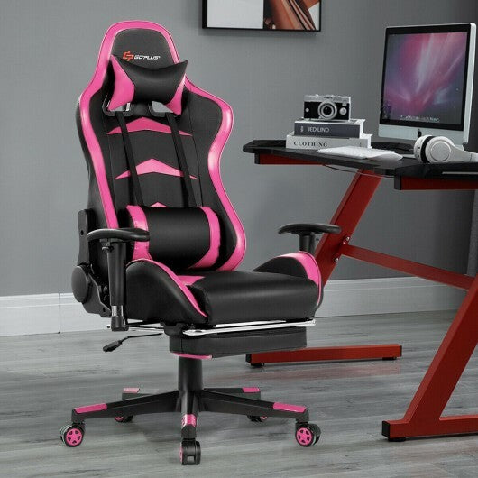 Massage Gaming Chair with Footrest-Pink - Color: Pink